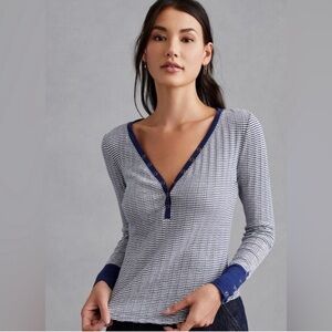 NEW Pilcro Womens Shirt Blue White Striped Long Sleeve Henley Size Small